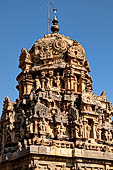 The great Chola temples of Tamil Nadu - The Brihadishwara Temple of Thanjavur. Brihadnayaki Temple (Amman temple) detail of the decorated tower. 